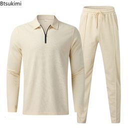 Novo 2024 masculino casual manga longa camisa polo + moletom conjuntos de terno sólido masculino com decote em v moletom conjuntos de roupas 2 pçs roupas masculinas 240119