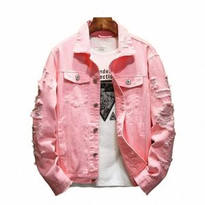 Nuevo 2024 Hombres Fi Jeans Chaqueta Sólida Primavera Otoño Cott Denim Chaqueta Hombres Rojo Blanco Negro Rosa Ripped Hole Jean Abrigos Masculino Y01X #