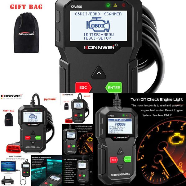 Nouvel outil de diagnostic OBD 2024 Konnwei KW590 Code de voiture Reader automobile Automotive OBD2 Prise en charge multi-marques Languages de voitures Livraison gratuite