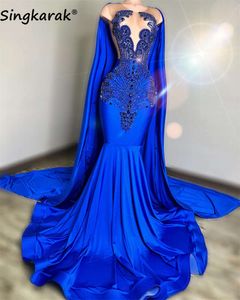 NIEUW 2024 Royal Blue Diamonds Mermaid Prom met Cape Glitter Bead Crystal Rhinestones jurk voor zwarte meisjes feestjurk
