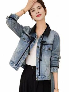 Nouveau 2024 Printemps Denim Manteau et Veste Femmes Patchwork Couleur Style chinois Cravate Lg Manches Bleu Jeans Vestes Outwear 85xw #