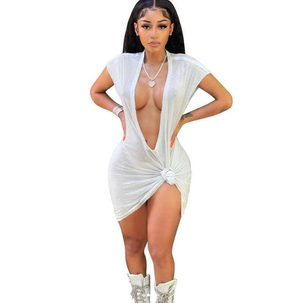 Nuevo 2024 Summer Fashion Women White Tamisas Vestidos Sólidos Solid Deep V-Clazo Solid Night Club Blusas Mujer Ropa 183