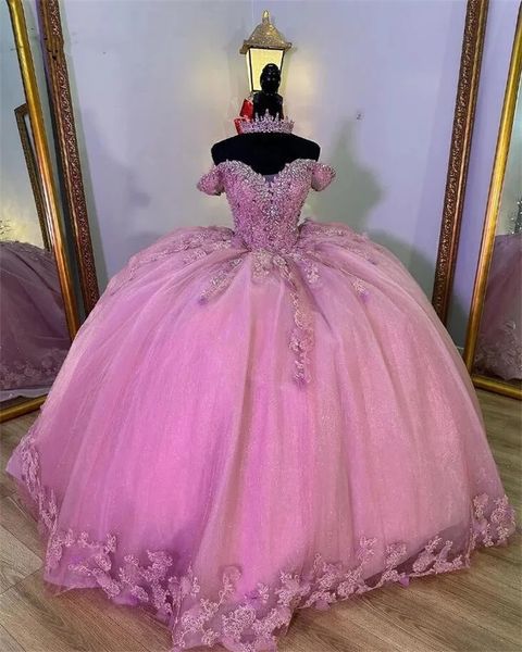 Nouveau 2024 Robes De 15 Anos Rose Quinceanera Robes Dentelle Applique Perles Cristaux Princesse Douce 16 Robe Robes De Bal À Lacets