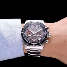 Nieuwe 20530N Miyota quartz chronograaf herenhorloge zwarte binnenkant grijze wijzerplaat stick markers roestvrijstalen armband stopwatch SwissTime B318N