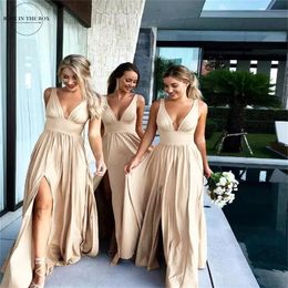 Nieuwe 24 uur Verzending Champagne bruidsmeisje jurken 2022 Goedkope elastische stof bruiloftsfeestjurk Robe Demoiselle D Honneur