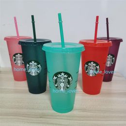 NIEUWE 24 OZ 710 ml Starbucks Pailletten Plastic Tumbler Herbruikbare Clear Drinken Platte Bodem Cup Pijler Vorm Deksel Stro mok Bardian LOVE301U