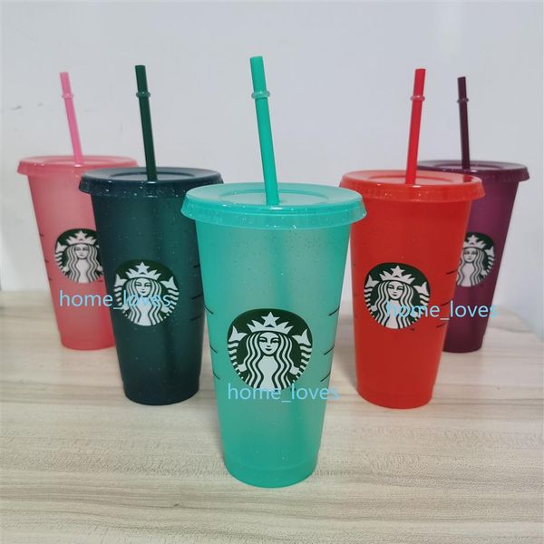 NOUVEAU 24OZ 710ml Starbucks Paillettes Gobelet En Plastique Réutilisable Clair Potable Fond Plat Tasse Pilier Forme Couvercle Paille Tasse Bardian LOVE301U