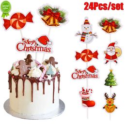 Nieuwe 24Pcs Vrolijk Kerstfeest Cake Toppers Santa Xmas Tree Cake Papier Insteekkaart Voor Kerstfeest Bakken decoratie Accessoires Gereedschap