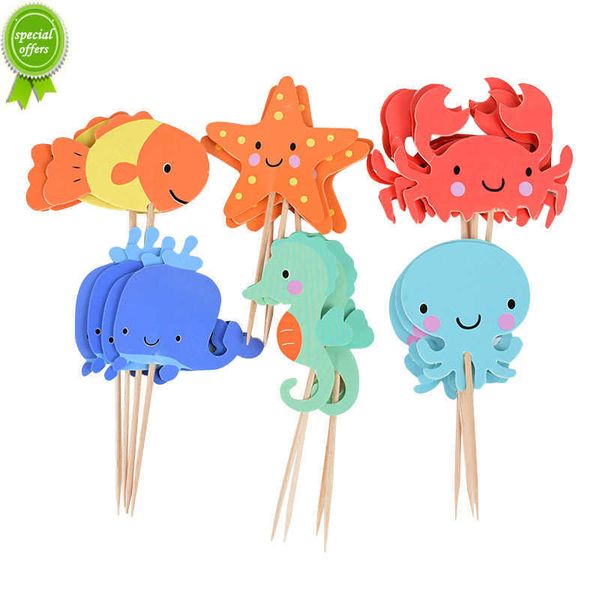 Nouveau 24 pcs Océan Animal Cupcake Toppers Sous La Mer Fête Gâteau Drapeaux Garçon Bébé Douche Sirène Thème Fête D'anniversaire Décorations De Gâteau