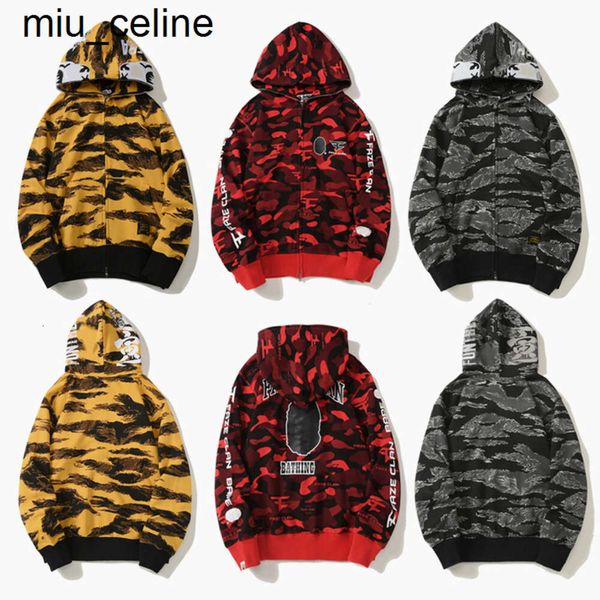 Nuevo 24ss Craftsmanship Sudaderas con capucha para hombre Sudadera con capucha de tiburón Chaqueta de diseñador Tigre Cremallera completa Sudadera Harajuku Moda de marca compartida Camuflaje Sudadera con capucha luminosa