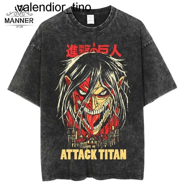 Nouveau 24ss T-shirts pour hommes Anime Attack on Titan Acid Wash T-shirt Noir Graphique Été Surdimensionné 100 Coton Manga Vintage Hommes Femmes Tees