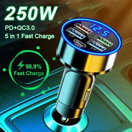 Nuevo 250W 4 Puertos CAR Cargador USB Tipo C PD QC3.0 Displave LED de adaptador de carga rápida para Huawei Xiaomi iPhone 14 13 12 11 Pro Max