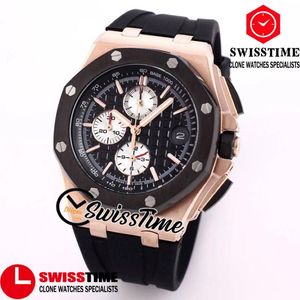 Nuevo 26405 Reloj cronógrafo de cuarzo para hombre Reloj con textura negra Cronómetro Caja de oro rosa de dos tonos Relojes deportivos de goma SwissTime A240a