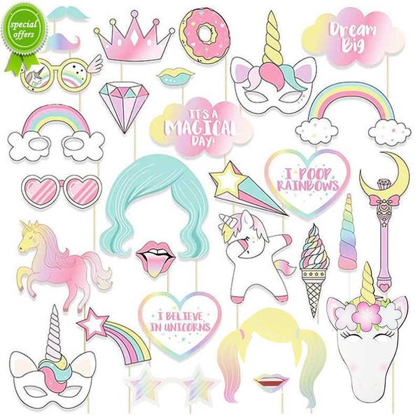 Nouveau 29pcs / set Unicorn Party Photo Booth Props Cartoon Rainbow Unicornio One 1st First Birthday Party Decoration Kids Favor Supplies