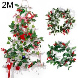 Nueva planta artificial de 2M, bayas rojas falsas, guirnalda de mimbre de Navidad DIY, adornos colgantes de árbol de Navidad, decoración para el hogar y la sala de estar
