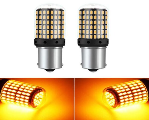 Nuevo 2 uds luz de giro de señal amarilla ámbar 1224V 1156 BA15S 3014 144SMD LED bombilla súper brillante Error decodificación Canbus para Auto6255498