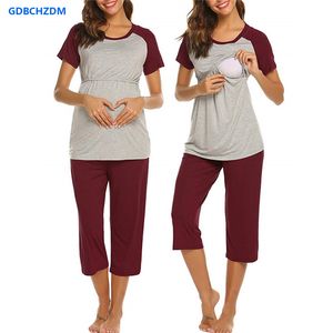 NIEUW 2PCS Borstvoeding Nightwear Women Maternity Korte mouw Verpleegkunde Baby tops T-shirt+bijgesneden broek Pyjama's Set nuisette
