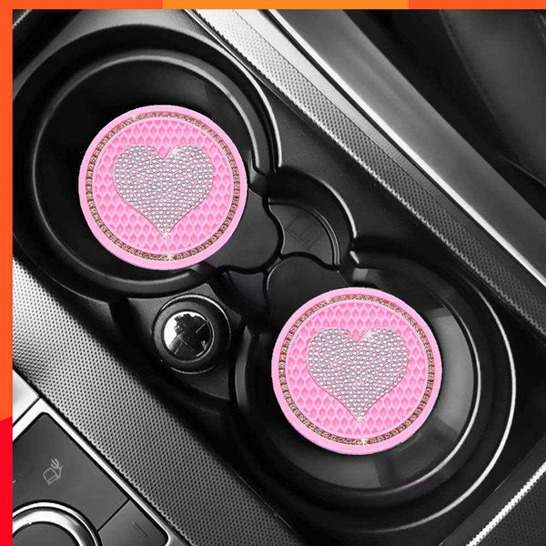 Posavasos para coche con forma de corazón, 2 uds., posavasos para taza de agua, Interior de coche, portavasos de diamante, almohadilla de inserción, alfombrilla antideslizante, accesorios de decoración para coche