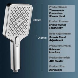 New 3 Modes Adjustable Large Flow Rain Square Shower Head Rain Drenching Mode High Pressure Head Shower Bathroom Handheld Shower
