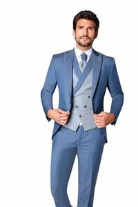 Nouveau 3 pièces hommes costume bleu clair mariage haut de gamme marié coupe ajustée taille standard blazer ensemble busin smokings veste + pantalon + gilet y4ET #