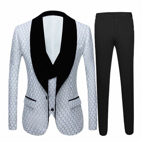 Nuevo traje de boda de 3 piezas para hombre Tres piezas Puntos Impreso Slim Fit Muesca Solapa Esmoquin Tailcoat Los mejores hombres Chaleco de doble botonadura 91Rf #