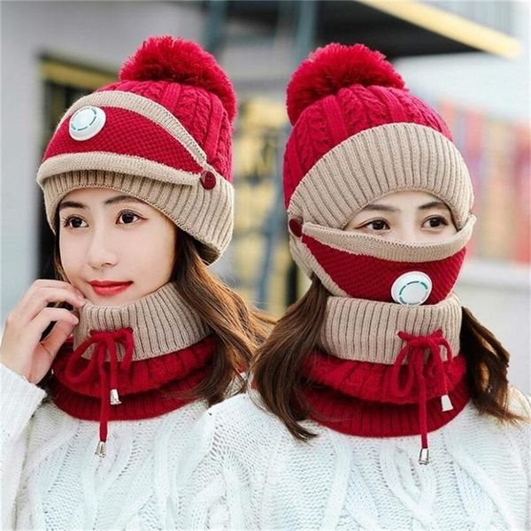 Nouveau 3 pièces Set femmes tricoté écharpe cache-cou chapeau d'hiver pour dames filles Skullies Bonnets chaud polaire Caps Y201024