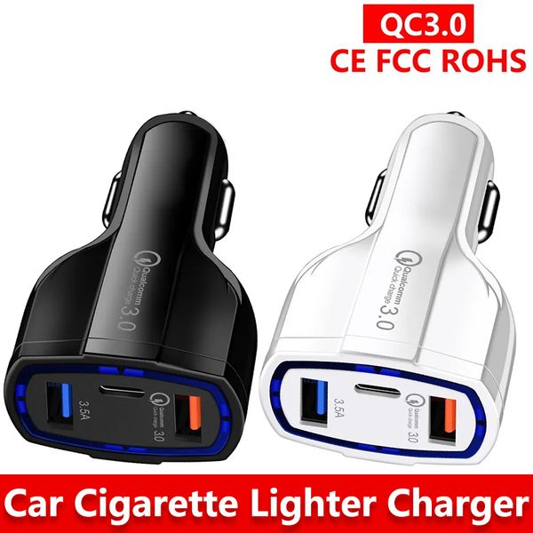 Nuevo cargador de automóvil de 3 puertos 3.5A USB QC3.0 Tipo-C Carga rápida para iPhone Xiaomi Samsung Mini Chargers Quick Chargers Adaptador de vehículo sin paquete