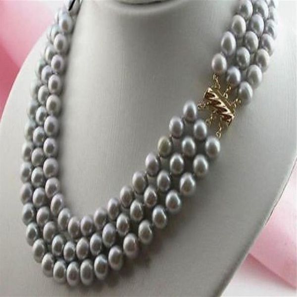 NOUVEAU COLLIER DE PERLES gris argent tahitien 3 RANGS 8-9MM 16-18 271M