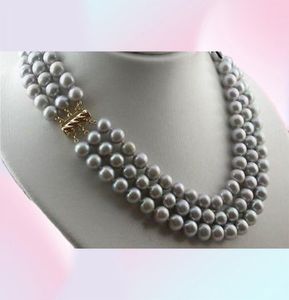 NOUVEAU COLLIER DE PERLES DE TAHITI 3 RANGS 89MM gris argenté 1618quot08342251