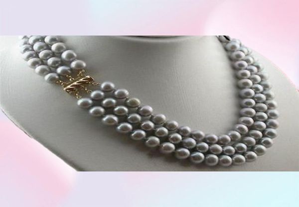 NOUVEAU COLLIER DE PERLES DE TAHITI 3 RANGS 89MM gris argenté 1618quot04121089