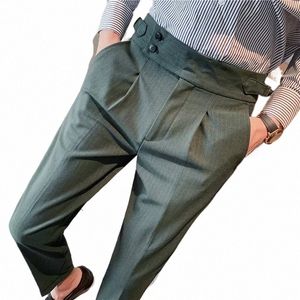 Nouveau 30 couleur hommes Dr costume pantalon britannique taille haute droite hommes pantalons sociaux ceinture pantalon formel mâle solide rayure grille 02Ts #