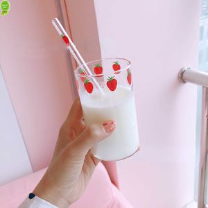 New 300ml Strawberry Cute Glass Cup With Straw Creative Transparent Water Cup Student Milk Heat Resistant Glass