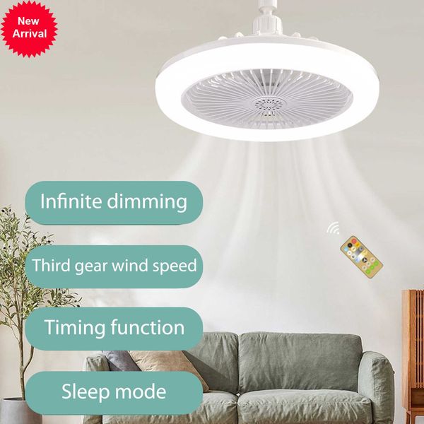 Nouveau ventilateur de plafond 30W avec lampe E27 Convertisseur Base de refroidissement silencieux Ventilateur de refroidissement Light Remote Control Chandeliers Home Fan à 3 vitesses pour chambre