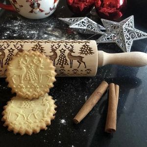 NIEUWE 35 CM Kerst Reliëf Deegroller Hout Gesneden Koekjes Biscuit Fondant Deeg Bakken Gegraveerde Gedrukt Roller Vakantie Geschenken
