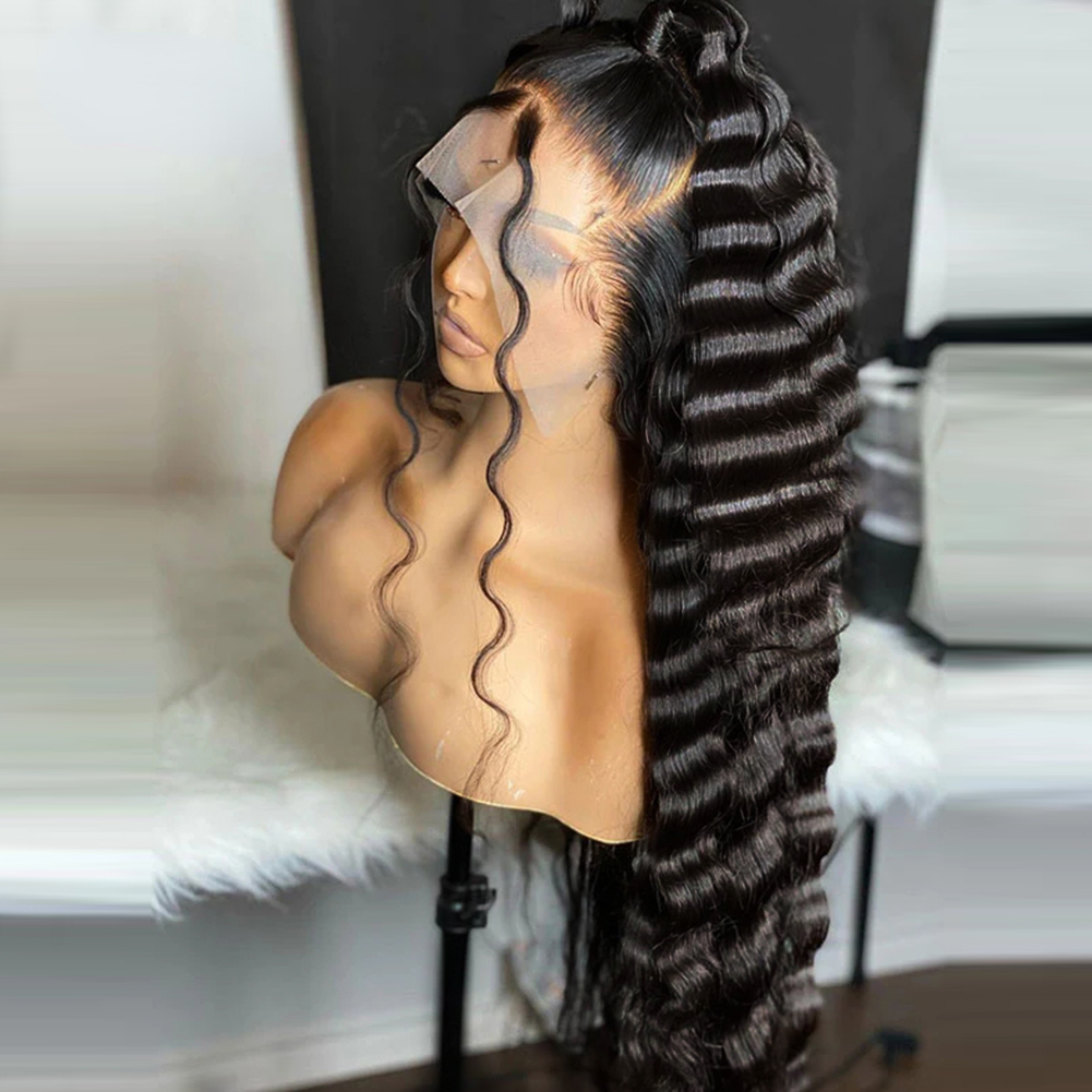 Nya 360 spetsar djupvåg spetsar främre mänskliga hår peruk lång HD transparent glulösa peruker för kvinnor förpluckade syntetiska värmebeständiga