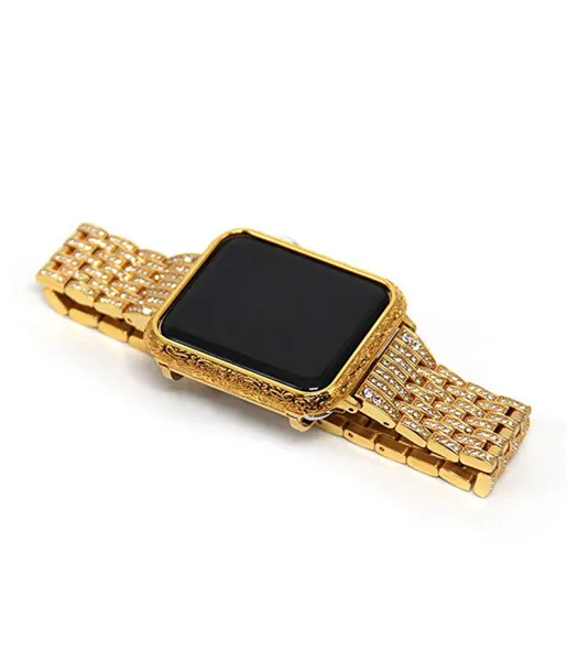 Nouveau boîtier en or orné gravé CNC 38 42 mm pour Apple Watch Series 1 2 3 plaqué or avec bracelet en diamant complet