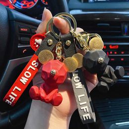 Nieuwe 3D Bear Keychain Resin Black Cartoon Key Chain Doll Lovely Car Bag Beyring paar Liefhebber gebreide lanyard cadeau meisje jongen
