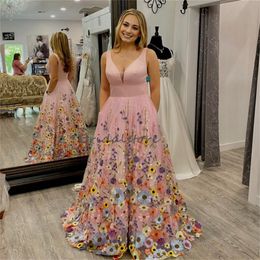 Nuevo vestido de fiesta floral en 3D con flores de colores Una línea Vestido de noche largo hasta el suelo rosa Elegante Fiesta formal larga Falda Ocasiones Ceremonia vestidos de noche 2023