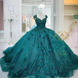 NOUVEAU!!! 3D Fleurs Robe De Bal Robe De Quinceanera Vert Sarcelle Robes De Graduation De Bal À Lacets Corset Princesse Douce 15 16 Robe Vestidos CG001