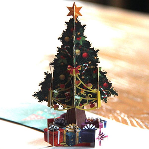 Árbol de Navidad hecho a mano en 3D, tarjetas de felicitación de papel, postales navideñas creativas, suministros festivos para fiestas