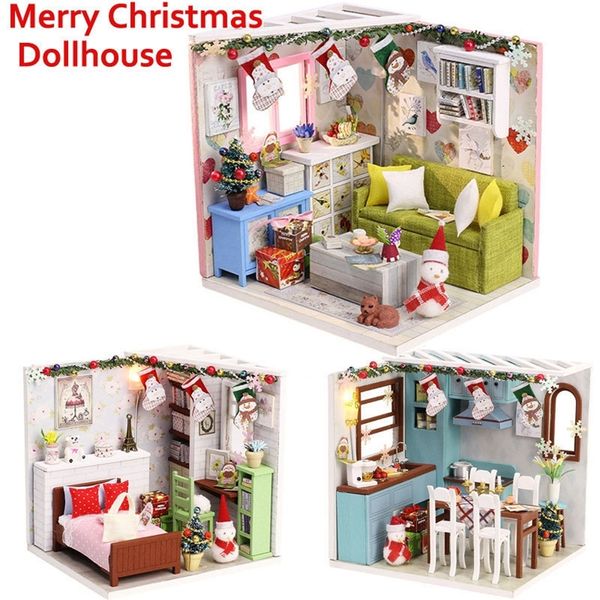 Nouveau 3D maison de poupée en bois Villa meubles bricolage modèle miniature LED lumière 3D maison de poupée en bois cadeaux de Noël jouets pour enfants T200116
