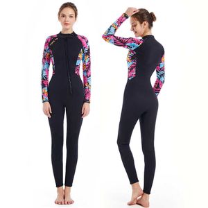 Nieuwe 3mm Duikpak Womens Een stuk Lange mouwen Gedrukt Warm Badpak Snorkelen Surfen Kwallen Rits Kleding