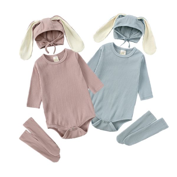 Nouveau 3 pièces bébé fille garçons barboteuse vêtements chapeau chaussettes ensembles lapin lapin oreille coton solide côtelé pour nouveau-né infantile body Costumes
