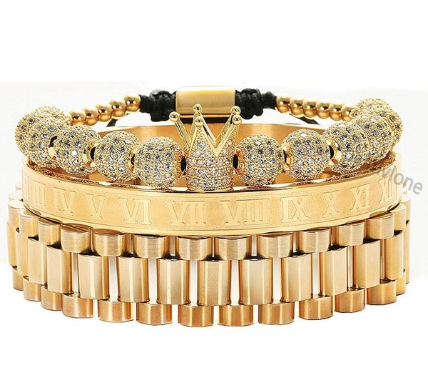 NUEVO 3 unids / set Imperial Crown King Pulsera para hombre Pave CZ Pulseras de oro para hombres Luxury Charm Fashion Cuff Bangle Cumpleaños Joyería hombre Pulseras