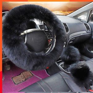 Nieuwe 3 STUKS Winter Zachte Warme Lange Wollen Fuzzy Stuurhoes Wollen Handrem Auto Accessoire Schapen Bont Pluche protector Cover Kit