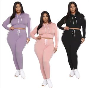 Nouveau 3XL 4XL 5XL Femmes Survêtements grande taille automne hiver Vêtements Jogger Costumes tenues à manches longues Survêtements noirs Sweat à capuche haut court + pantalon Ensembles deux pièces 6302-2