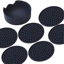 Nouveau 4.3 pouces 6 pièces/ensemble noir rond Silicone boisson sous-verres tasse tapis tasse Costers vaisselle avec support 60 pièces