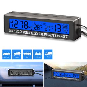 Mini horloge électronique de voiture 4 en 1, thermomètre de température intérieure et extérieure de voiture, moniteur de tension de batterie avec prise de cigarette