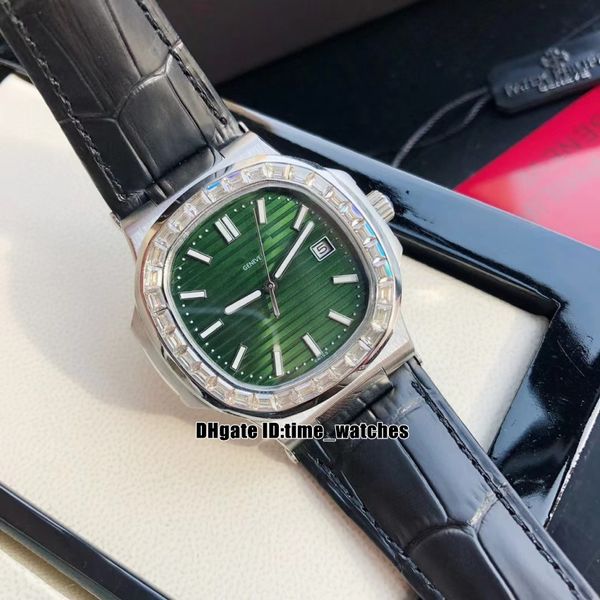 Nieuwe 40 mm 5711/1300A-001 sporthorloges Miyota 8215 automatisch herenhorloge groene getextureerde wijzerplaat zwarte lederen band grote vierkante diamanten bezel herenhorloges