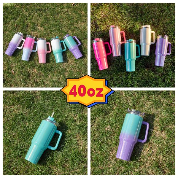 Nuevo 40oz Glitter Gradient Color Tumbler Tazas de café de viaje con aislamiento de acero inoxidable Vasos Rainbow Paint Car Cup Botella de agua al aire libre de gran capacidad con asa